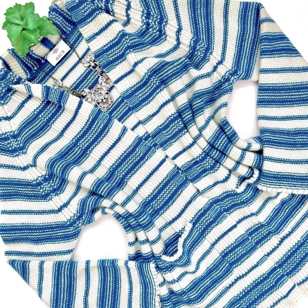 Allude 100% Cashmere Cardigan Blue and White Striped Long Line Open Size Large